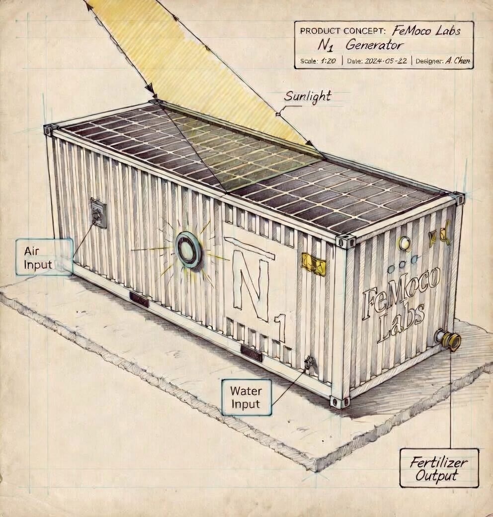 FeMoco Labs N1 Generator product concept: a solar-powered shipping container that takes in air and water and outputs fertilizer